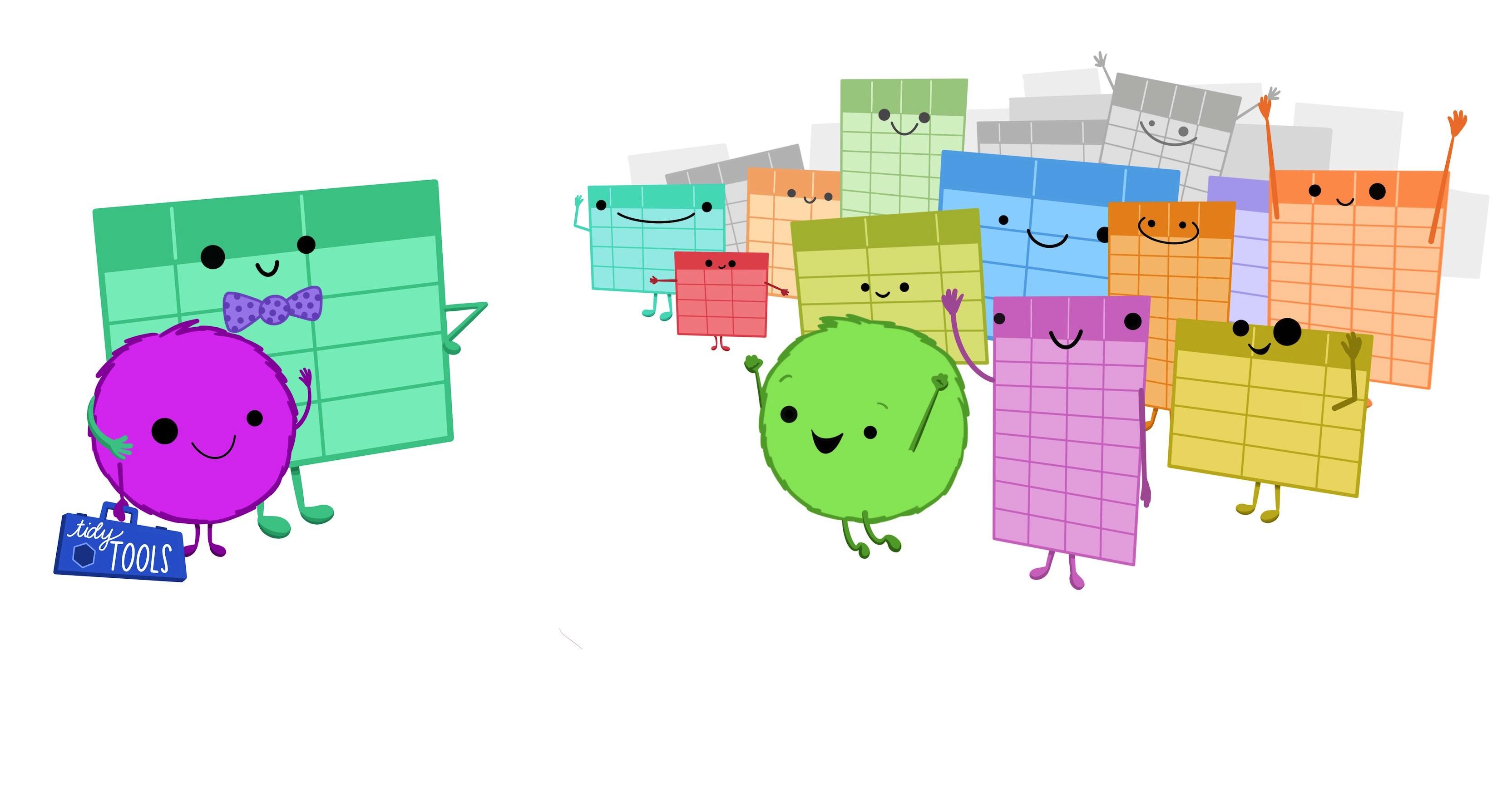 Digital illustration of a cute fuzzy monster holding a brief case that says "tidy data," standing beside a friendly looking data table character, being welcomed with cheers by many other data tables and another cute monster jumping with joy.