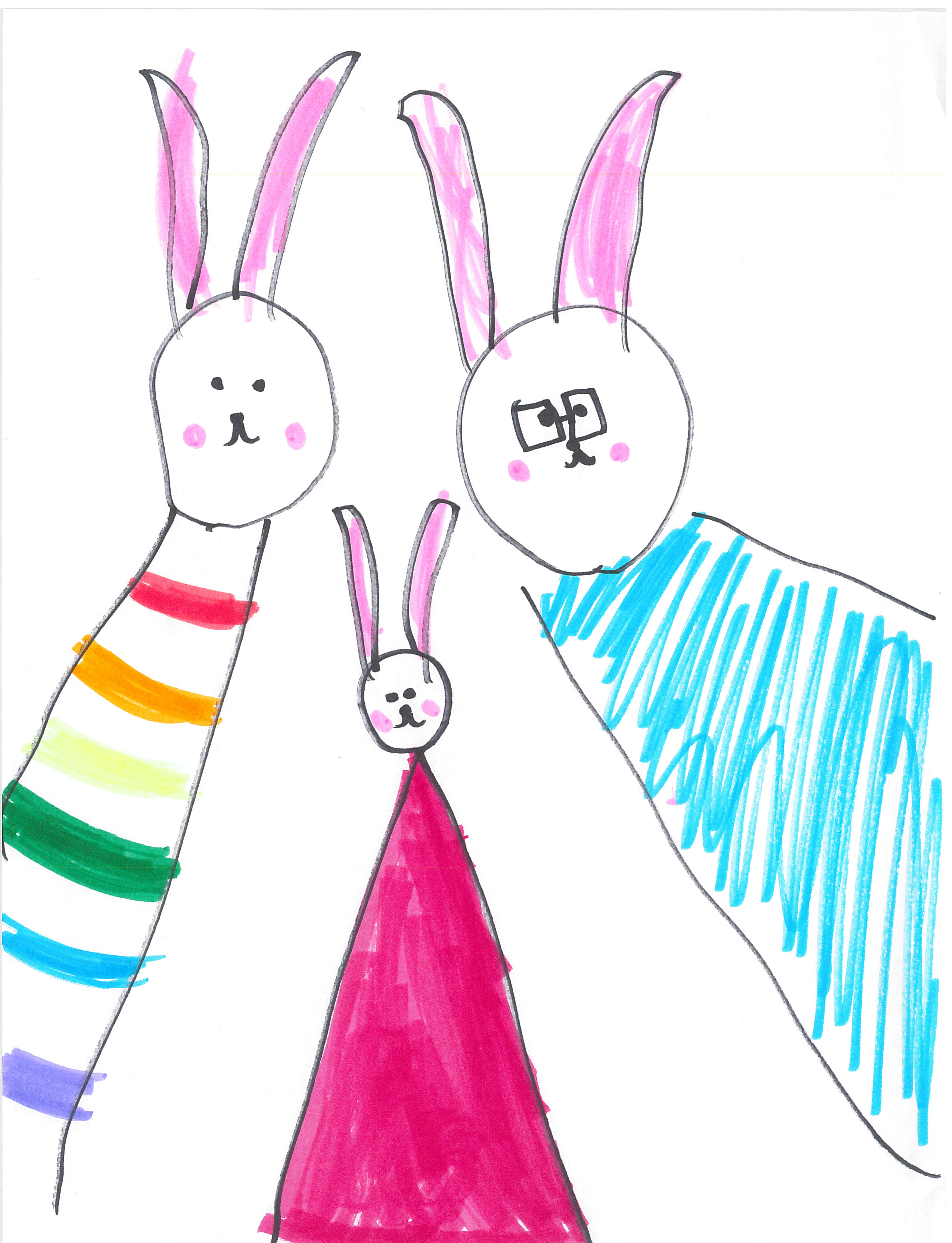 A drawing of three bunnies by my daughter, Beverly.